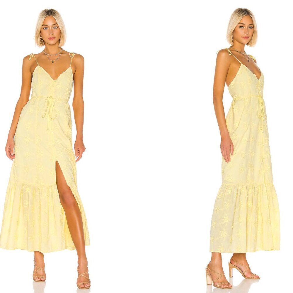 $228 Revolve TULAROSA Villa Dress in Pastel Yellow Maxi Lined Belted Ruffled